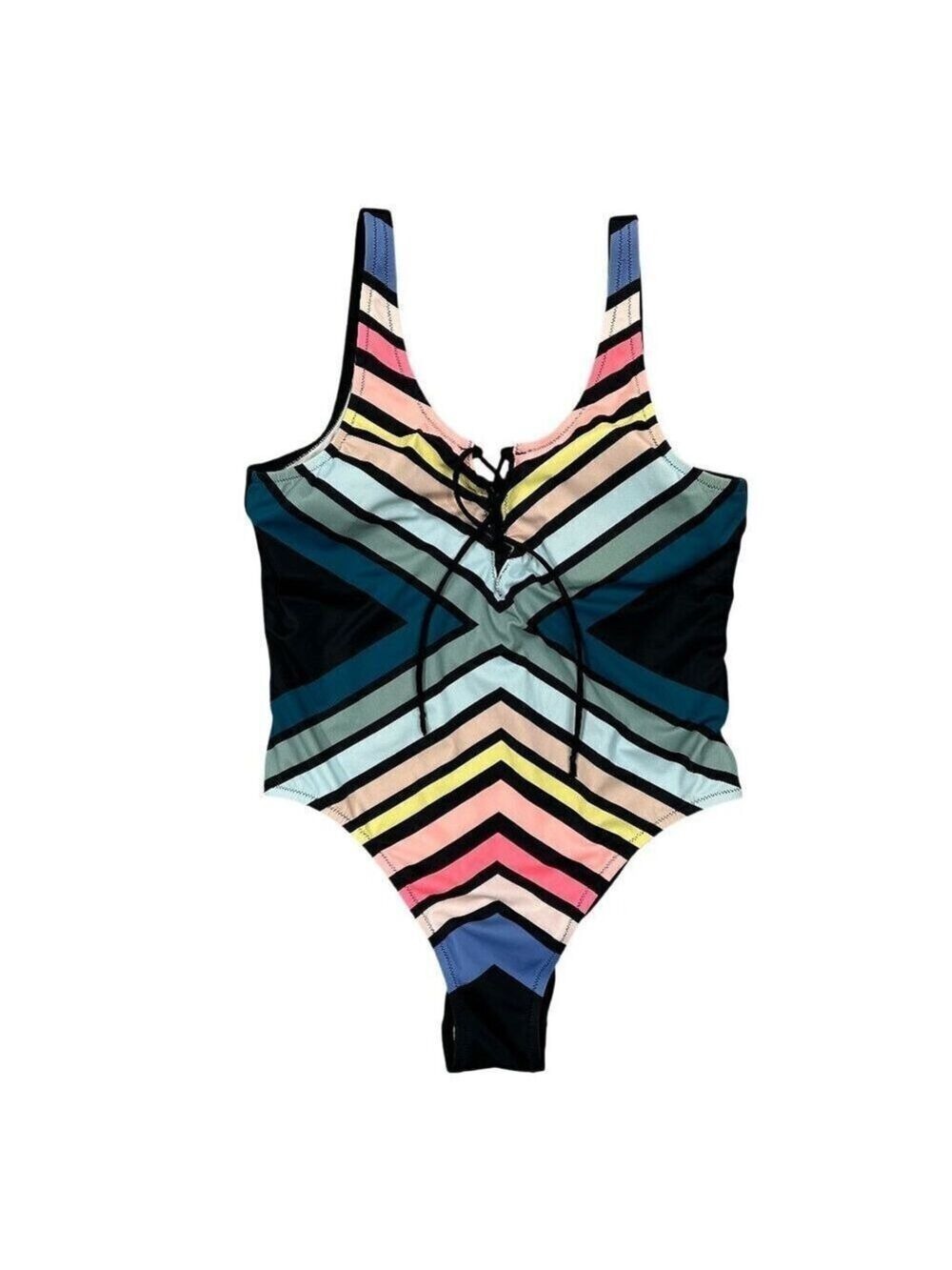 Victoria's Secret Pink Multi Chevron Lace-Up High Cut One Piece Swimsuit Size L